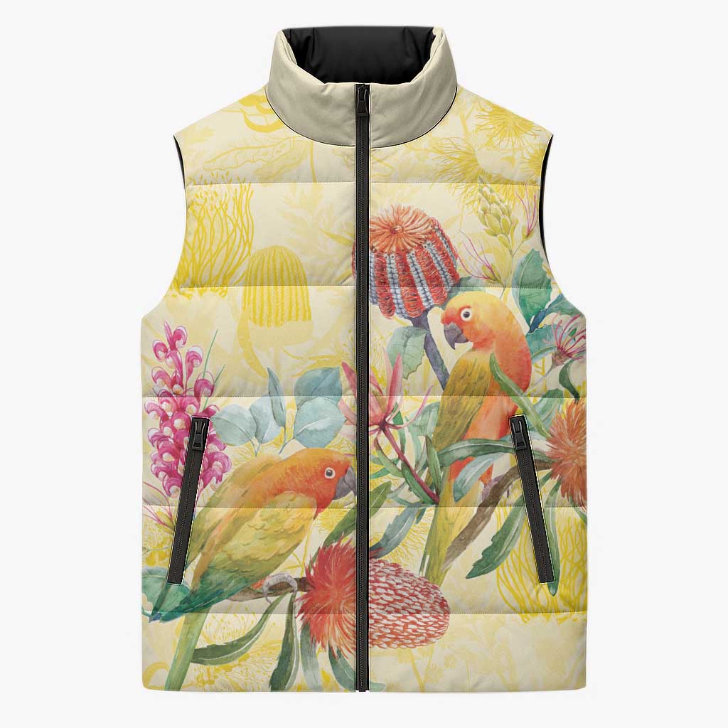 Birds and Floral Aussie Lorikeet Sleeveless Puffer Jacket Pastel Yellow - Aussie Hoodie