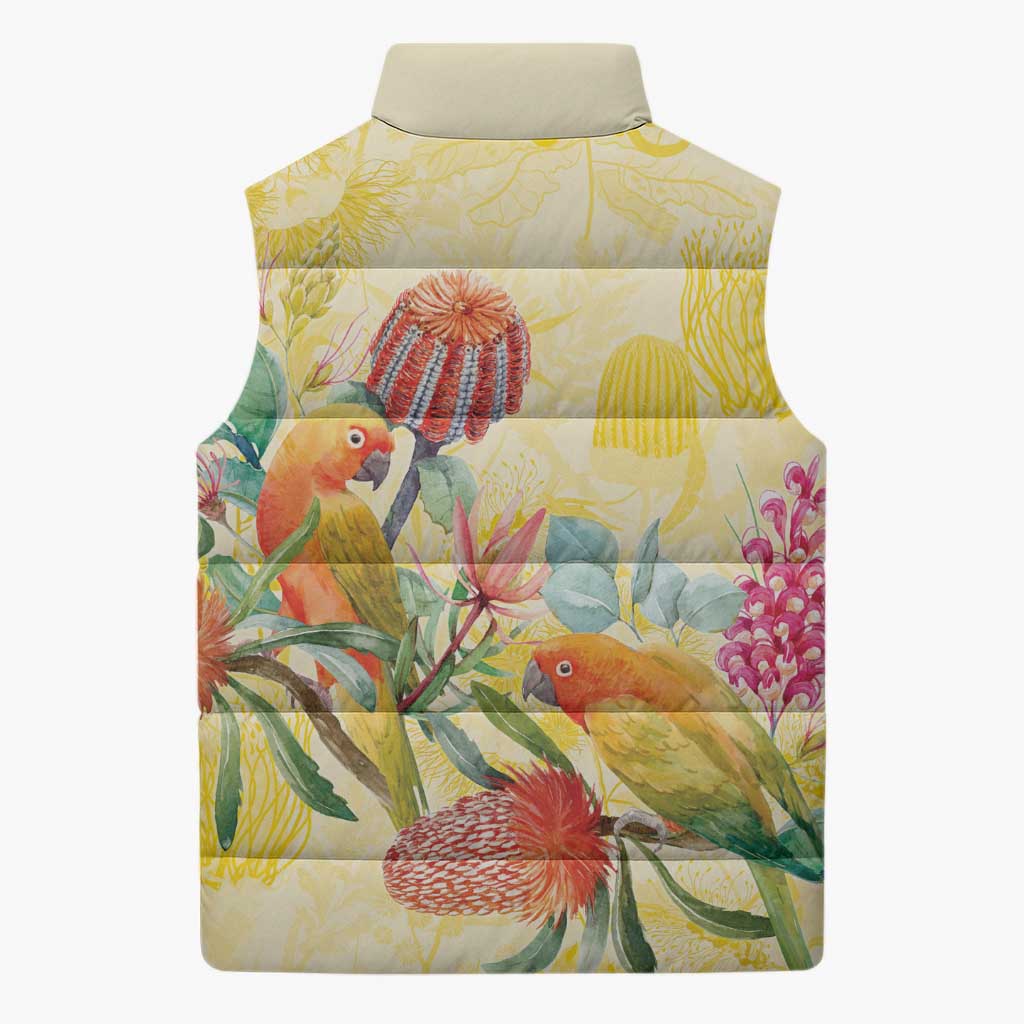 Birds and Floral Aussie Lorikeet Sleeveless Puffer Jacket Pastel Yellow - Aussie Hoodie