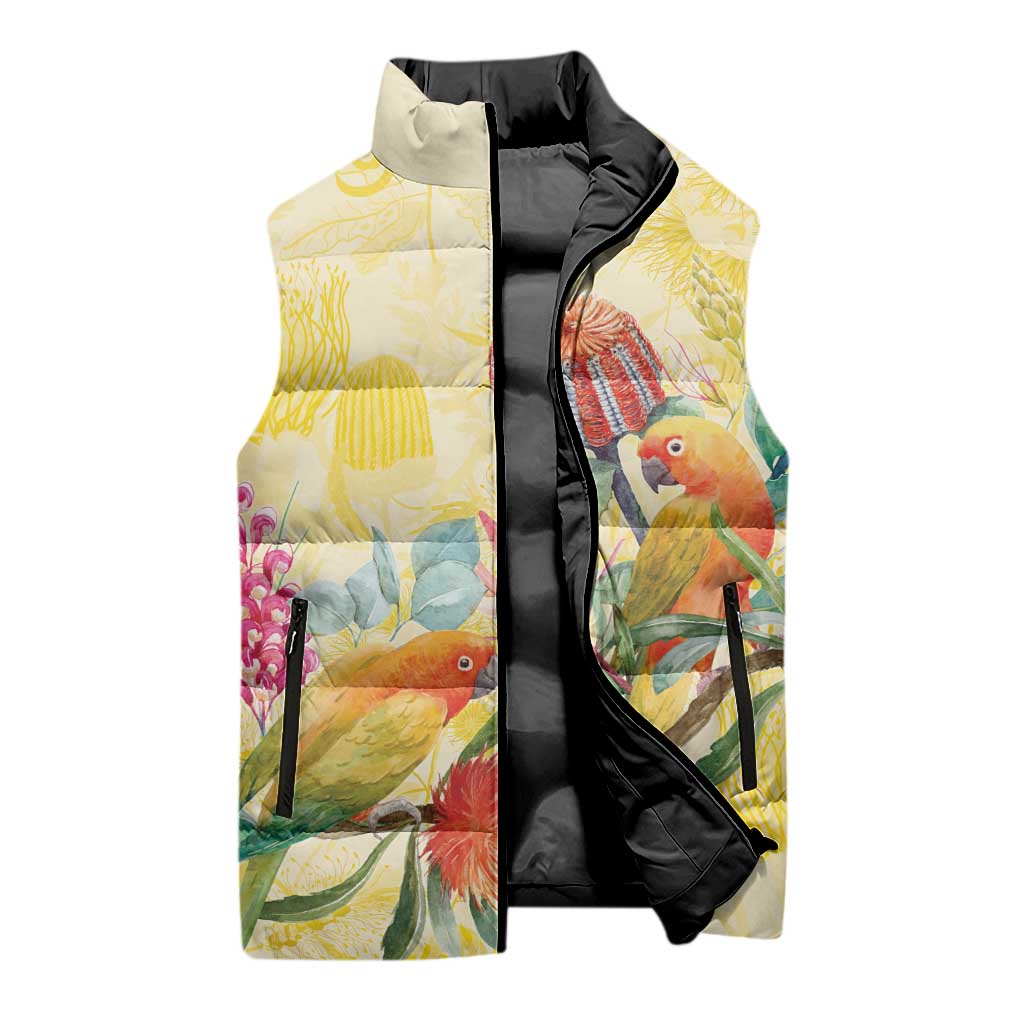 Birds and Floral Aussie Lorikeet Sleeveless Puffer Jacket Pastel Yellow - Aussie Hoodie