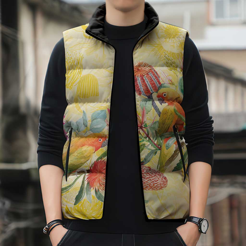 Birds and Floral Aussie Lorikeet Sleeveless Puffer Jacket Pastel Yellow - Aussie Hoodie