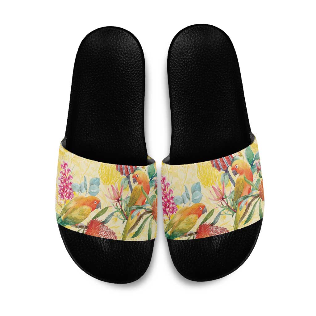 Birds and Floral Aussie Lorikeet Slide Sandals Pastel Yellow - Aussie Hoodie