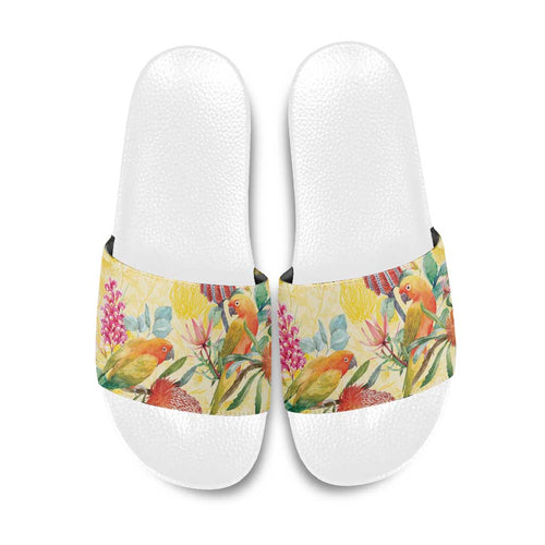 Birds and Floral Aussie Lorikeet Slide Sandals Pastel Yellow - Aussie Hoodie