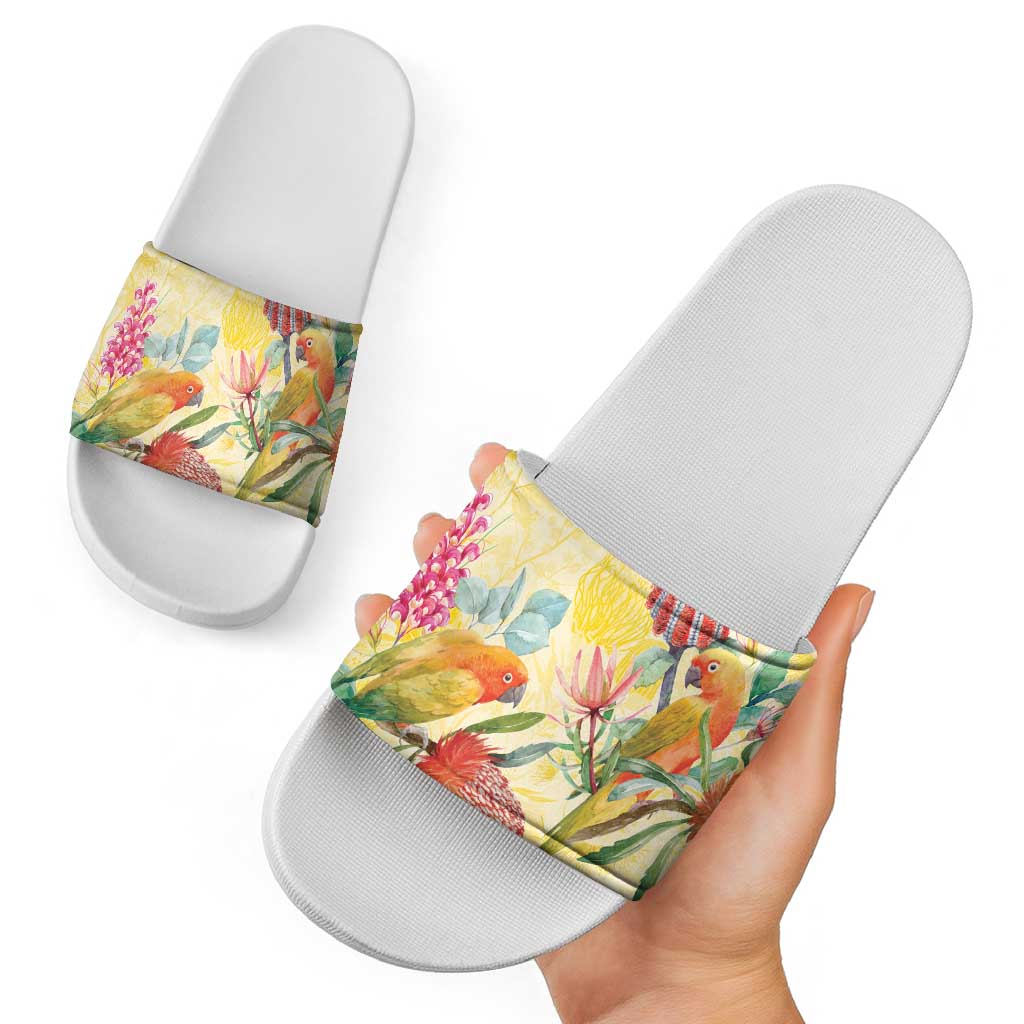 Birds and Floral Aussie Lorikeet Slide Sandals Pastel Yellow - Aussie Hoodie