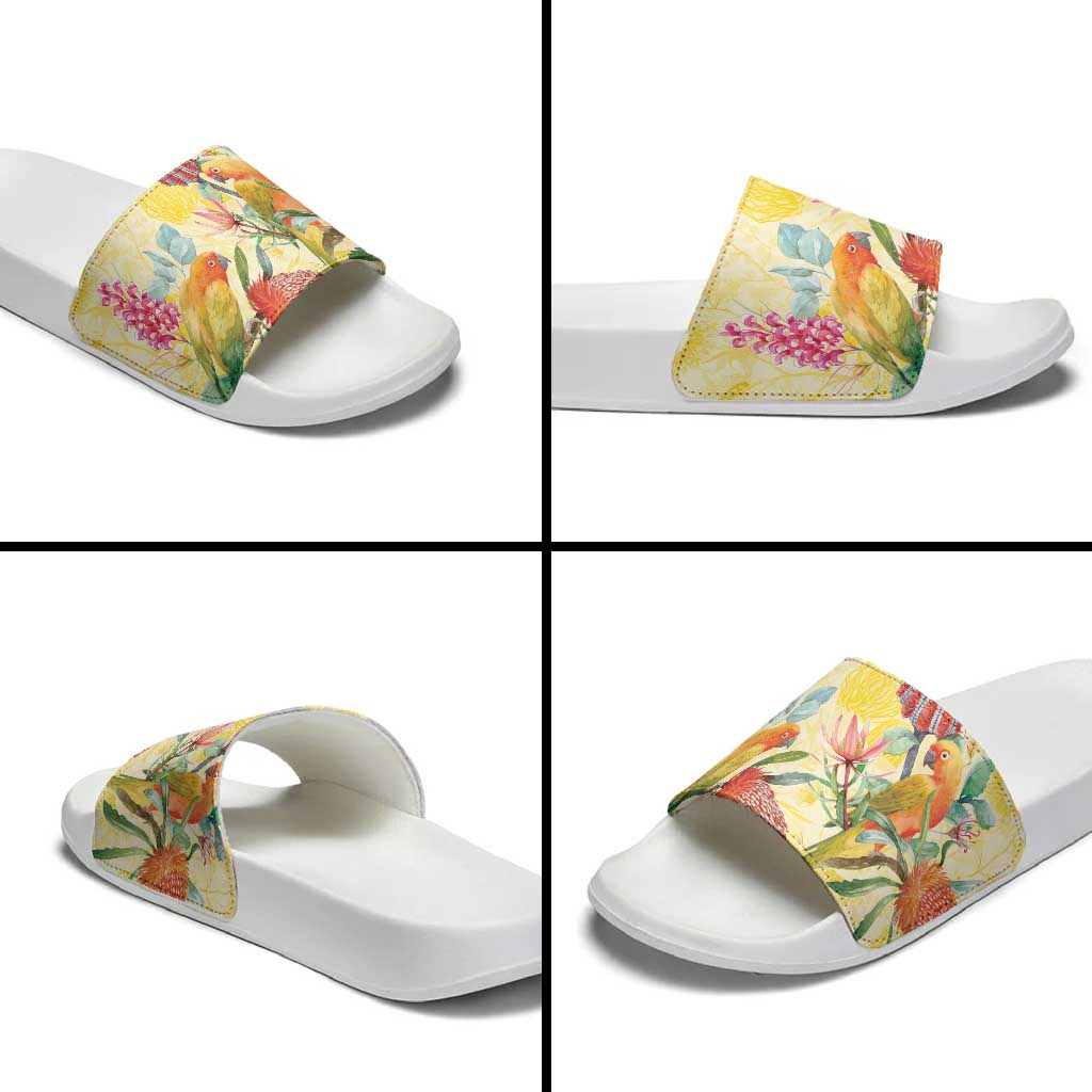 Birds and Floral Aussie Lorikeet Slide Sandals Pastel Yellow - Aussie Hoodie