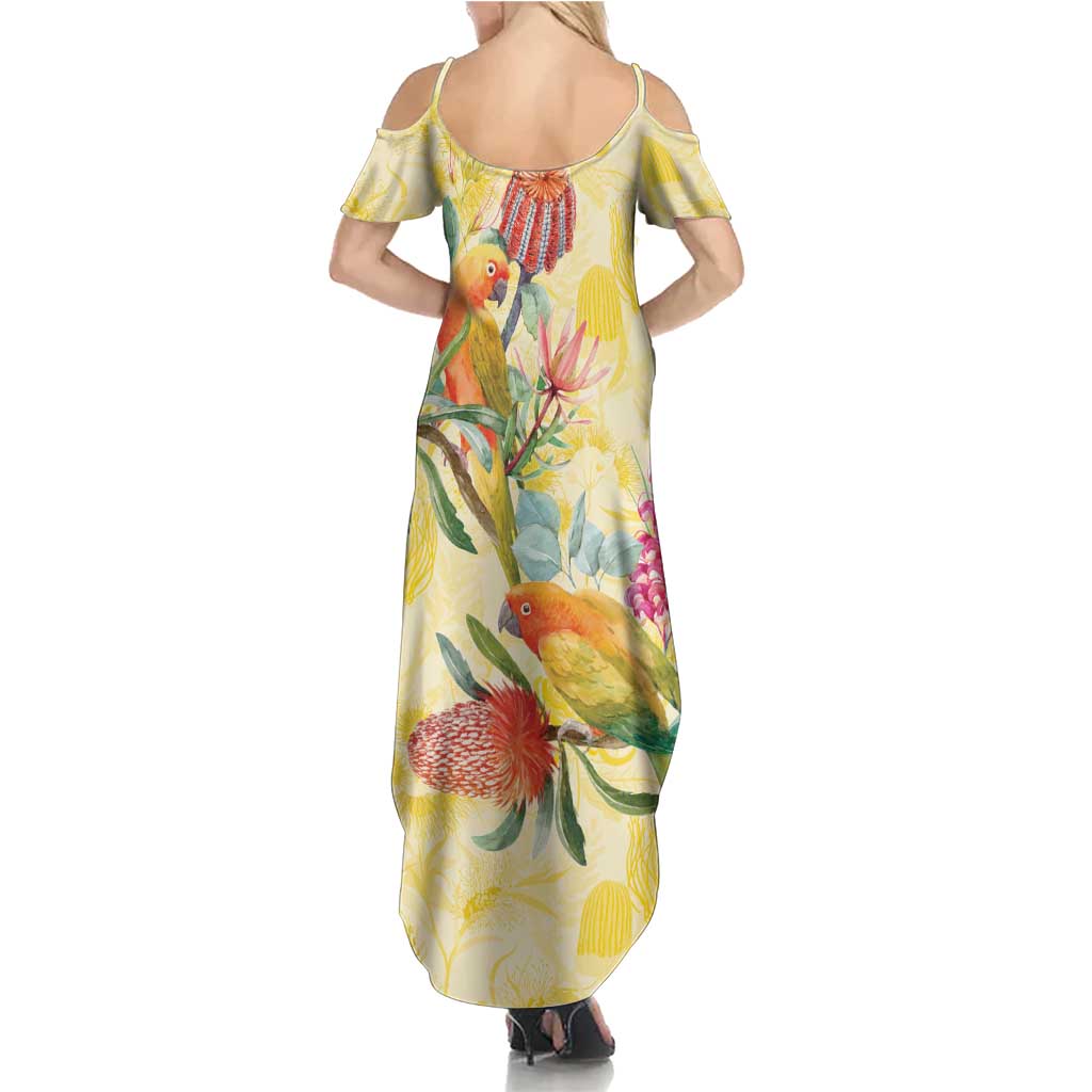 Birds and Floral Aussie Lorikeet Summer Maxi Dress Pastel Yellow - Aussie Hoodie