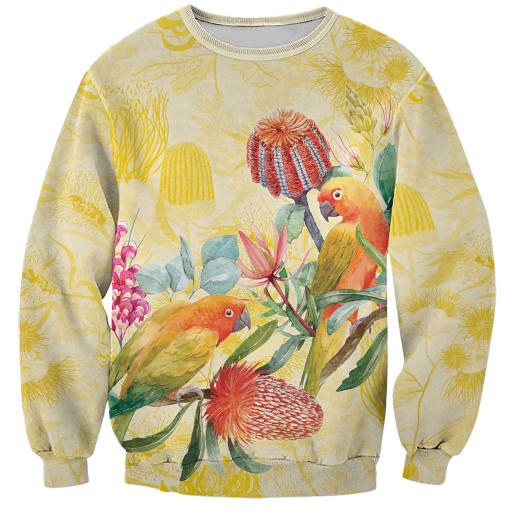 Birds and Floral Aussie Lorikeet Sweatshirt Pastel Yellow - Aussie Hoodie