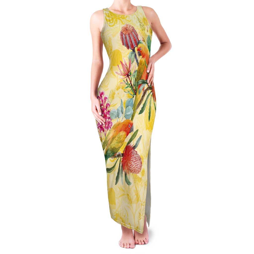 Birds and Floral Aussie Lorikeet Tank Maxi Dress Pastel Yellow - Aussie Hoodie