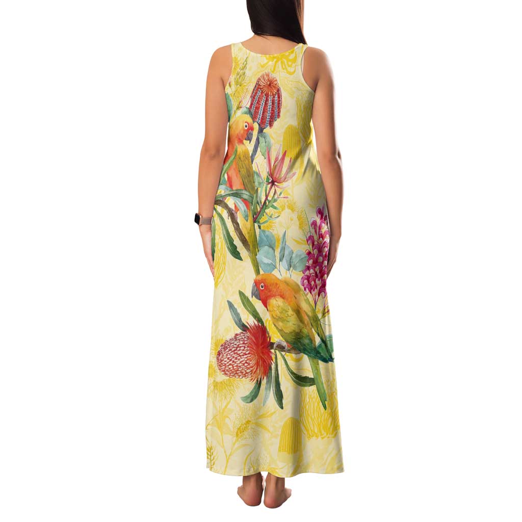 Birds and Floral Aussie Lorikeet Tank Maxi Dress Pastel Yellow - Aussie Hoodie