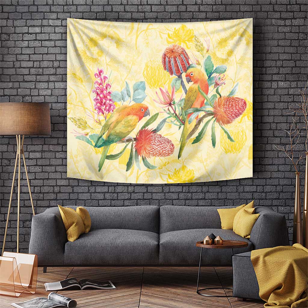 Birds and Floral Aussie Lorikeet Tapestry Pastel Yellow - Aussie Hoodie