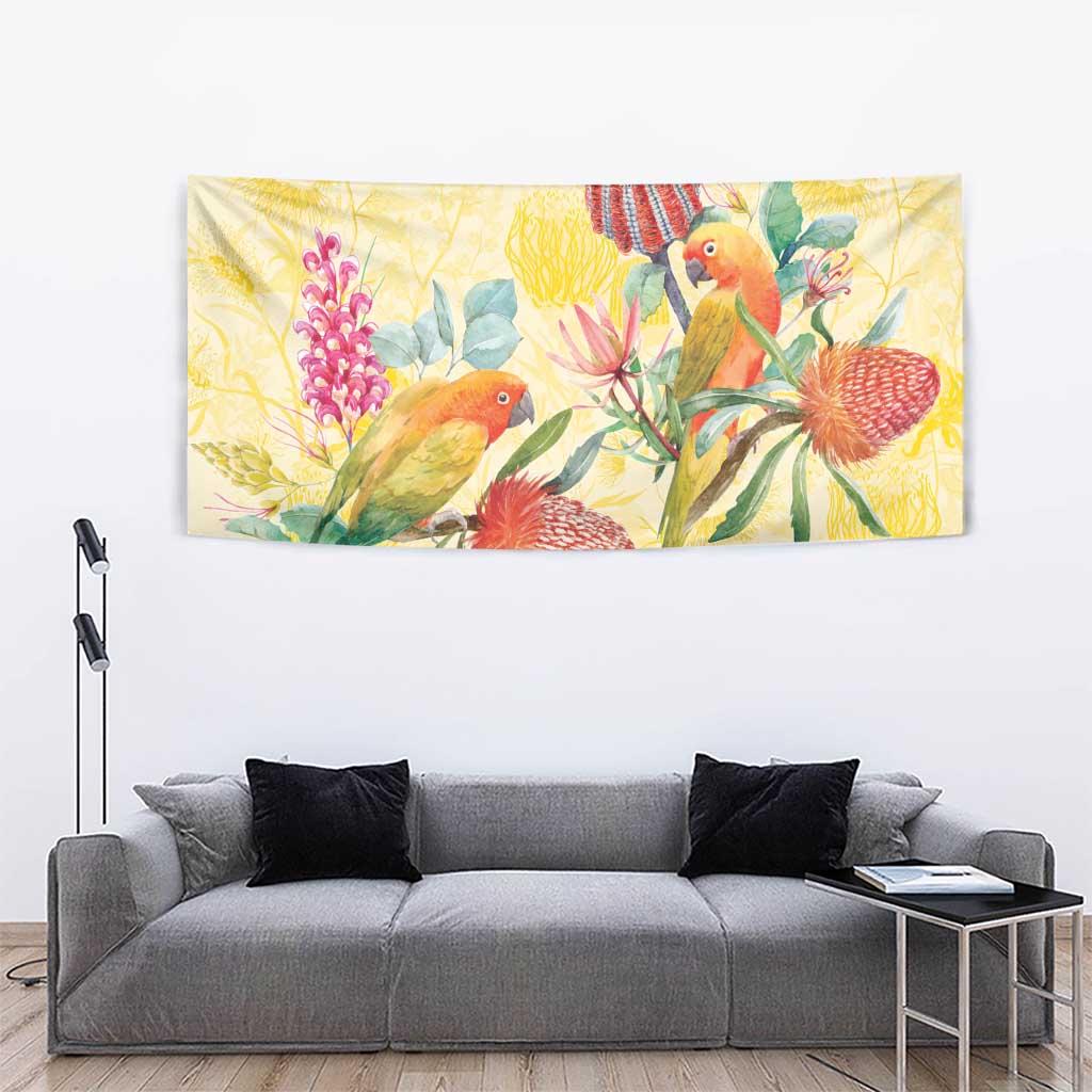 Birds and Floral Aussie Lorikeet Tapestry Pastel Yellow - Aussie Hoodie