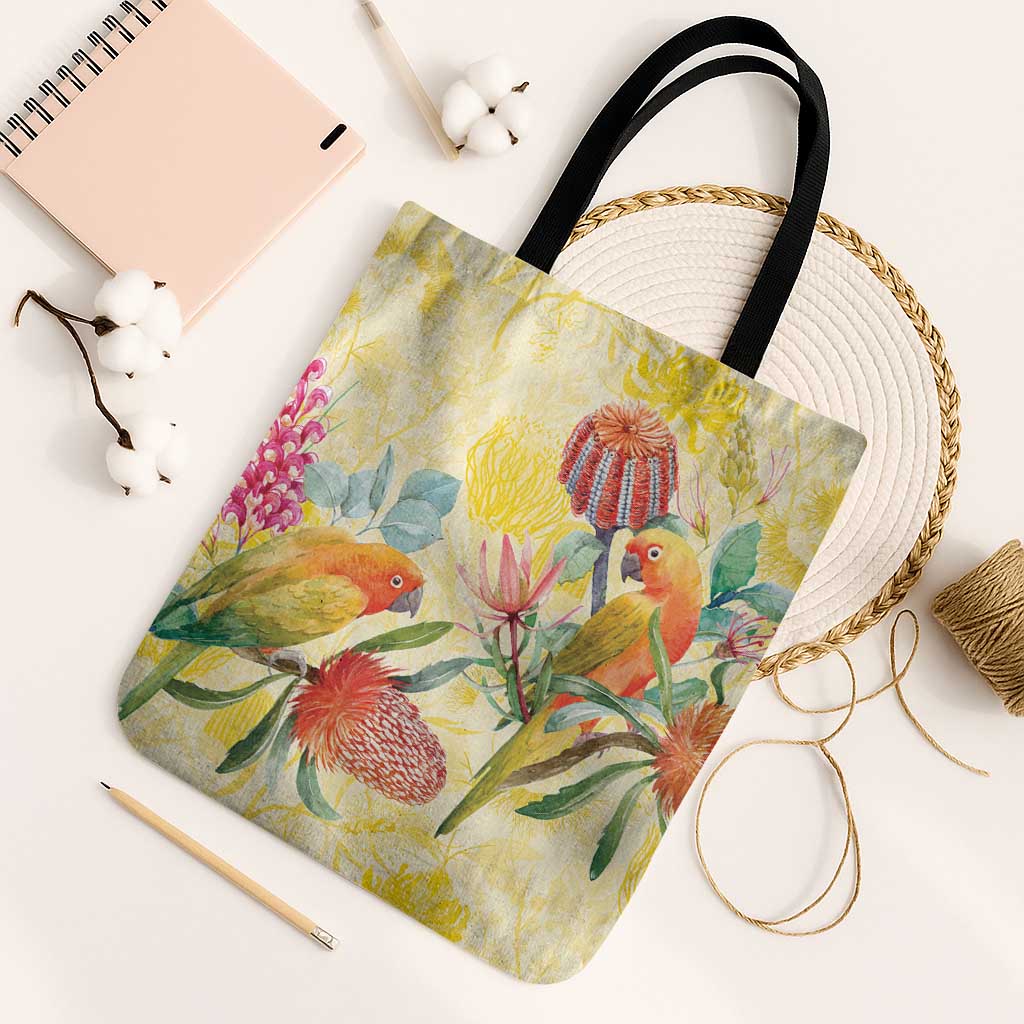 Birds and Floral Aussie Lorikeet Tote Bag Pastel Yellow - Aussie Hoodie