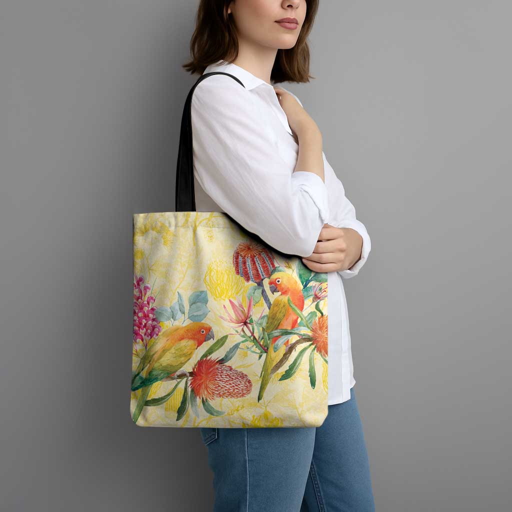Birds and Floral Aussie Lorikeet Tote Bag Pastel Yellow - Aussie Hoodie