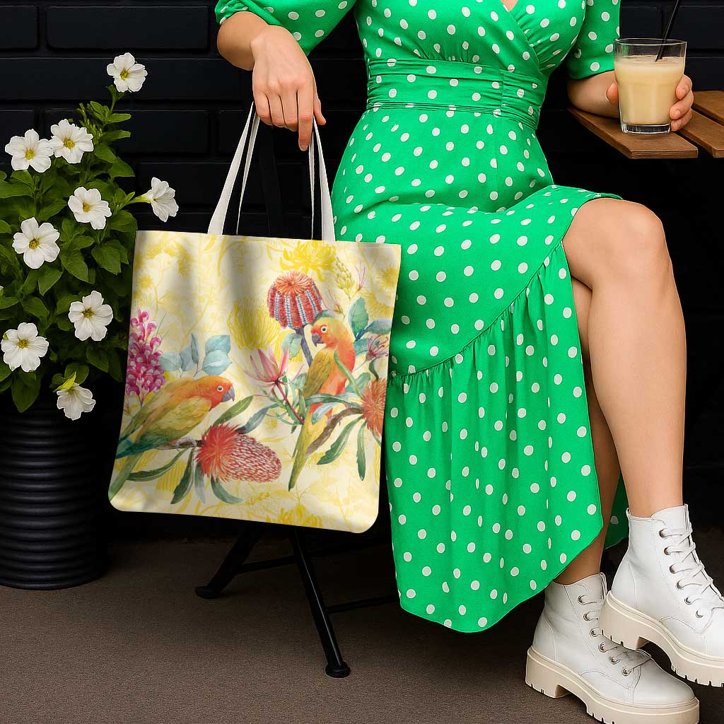 Birds and Floral Aussie Lorikeet Tote Bag Pastel Yellow - Aussie Hoodie