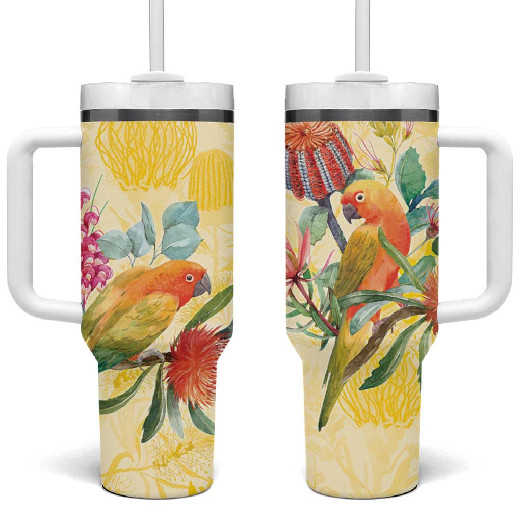 Birds and Floral Aussie Lorikeet Tumbler With Handle Pastel Yellow - Aussie Hoodie