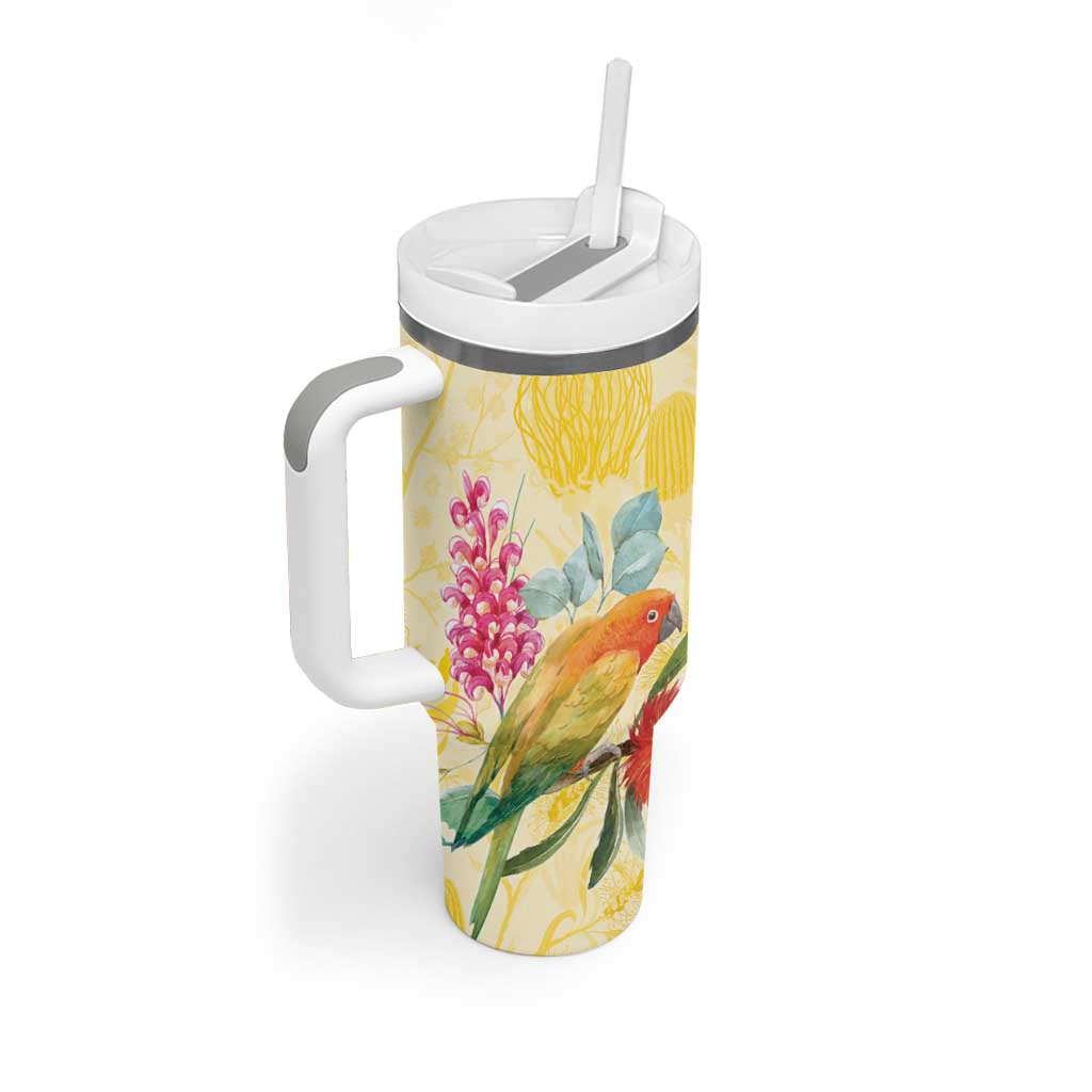 Birds and Floral Aussie Lorikeet Tumbler With Handle Pastel Yellow - Aussie Hoodie