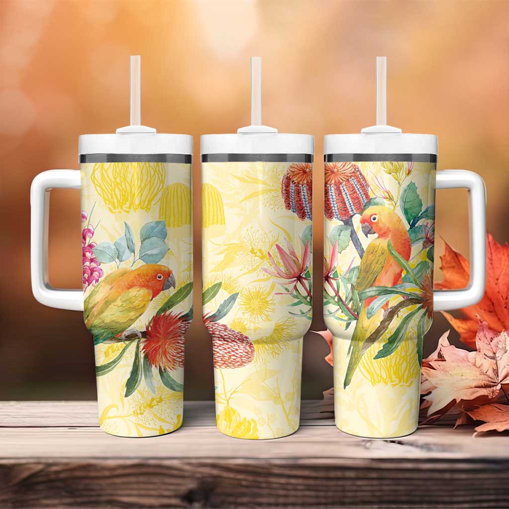 Birds and Floral Aussie Lorikeet Tumbler With Handle Pastel Yellow - Aussie Hoodie