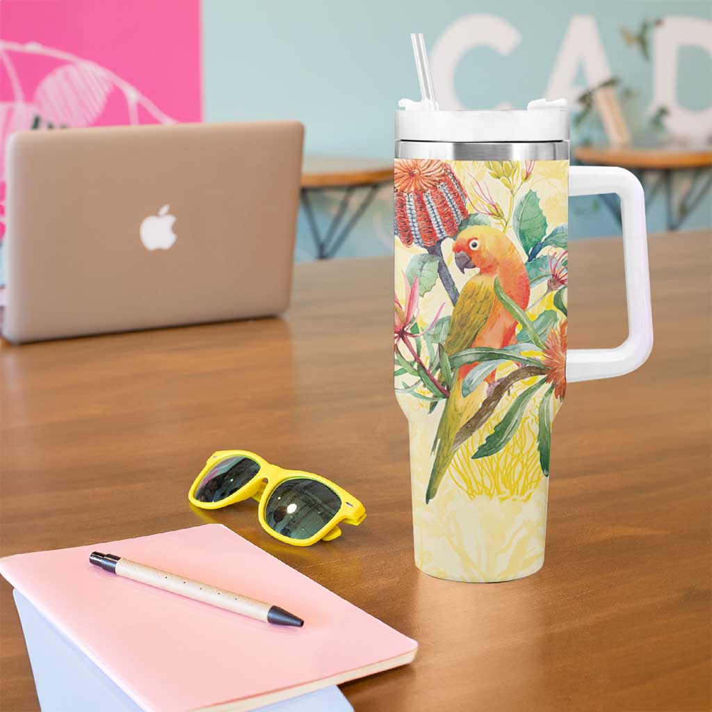 Birds and Floral Aussie Lorikeet Tumbler With Handle Pastel Yellow - Aussie Hoodie