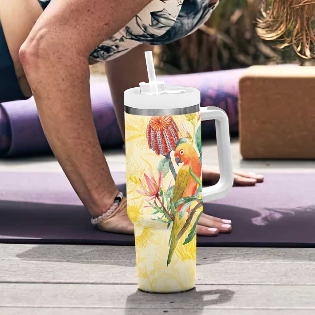 Birds and Floral Aussie Lorikeet Tumbler With Handle Pastel Yellow - Aussie Hoodie