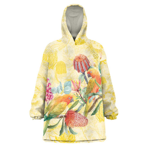 Birds and Floral Aussie Lorikeet Wearable Blanket Hoodie Pastel Yellow - Aussie Hoodie