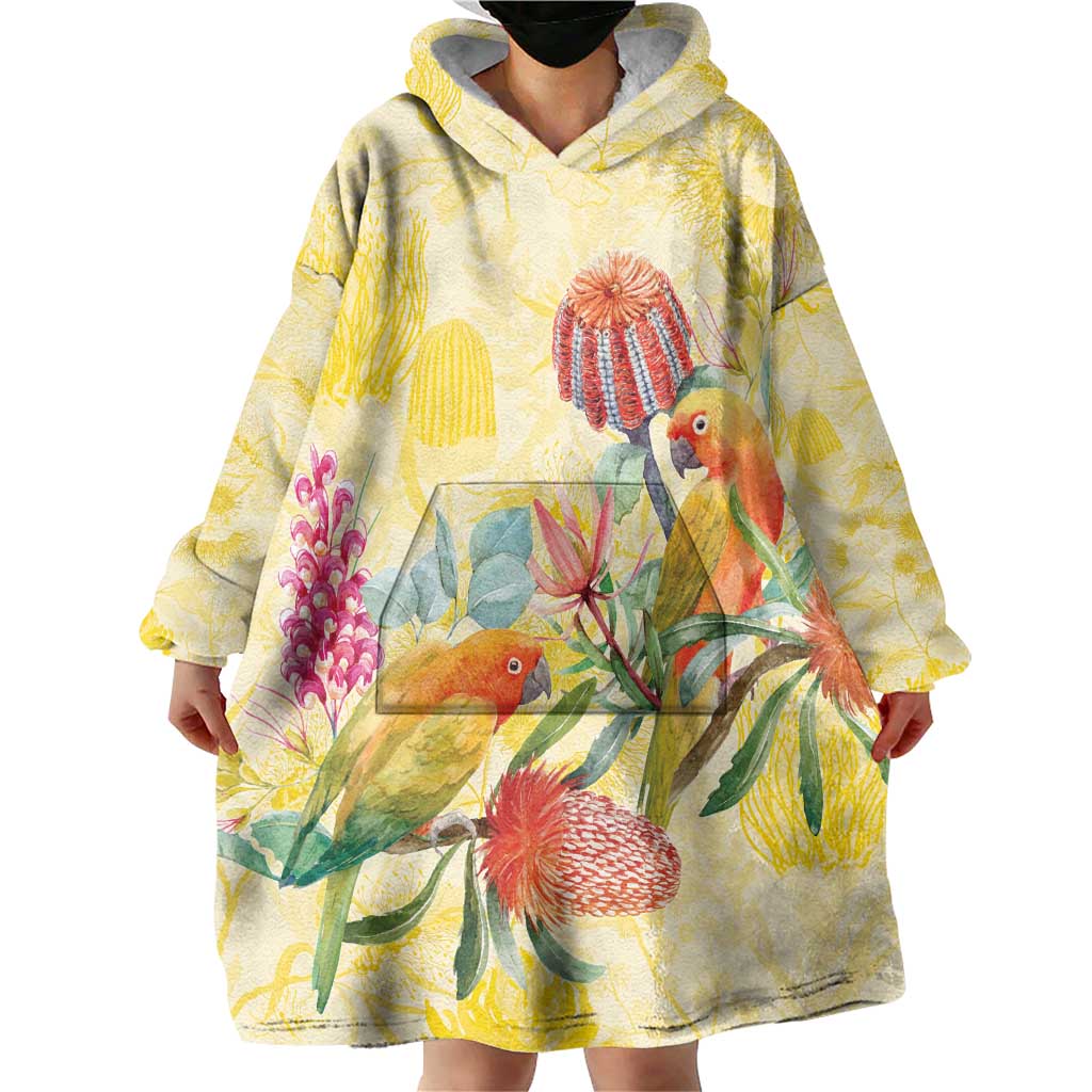 Birds and Floral Aussie Lorikeet Wearable Blanket Hoodie Pastel Yellow - Aussie Hoodie