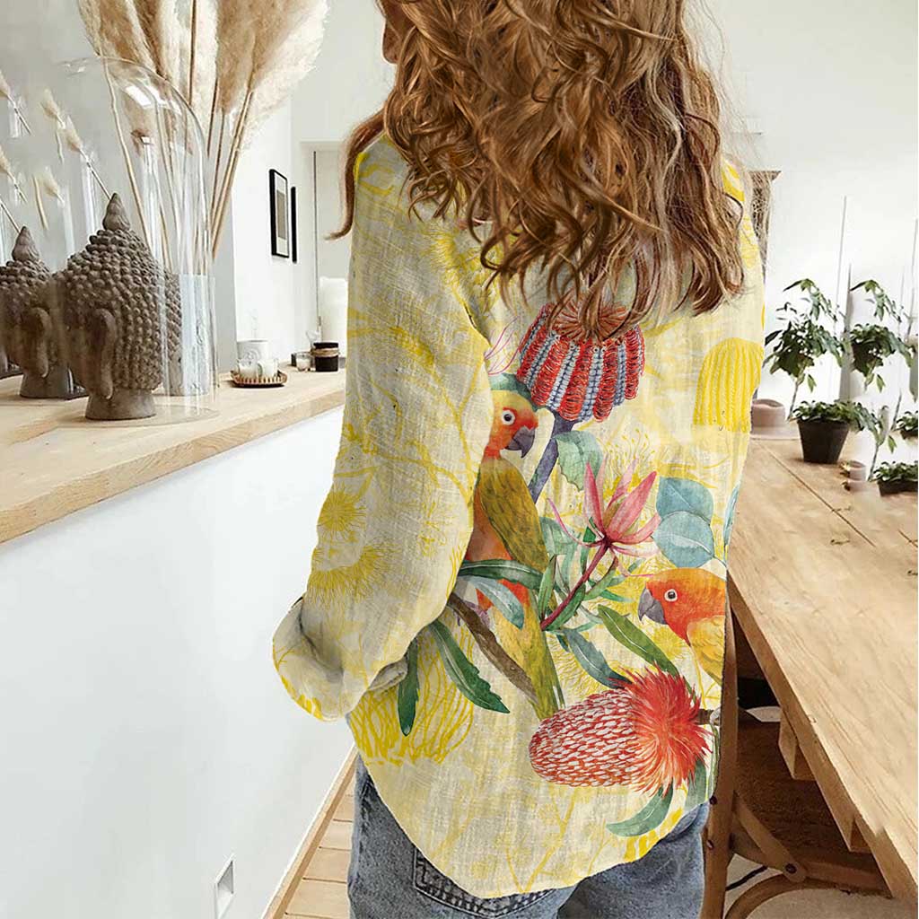 Birds and Floral Aussie Lorikeet Women Casual Shirt Pastel Yellow - Aussie Hoodie