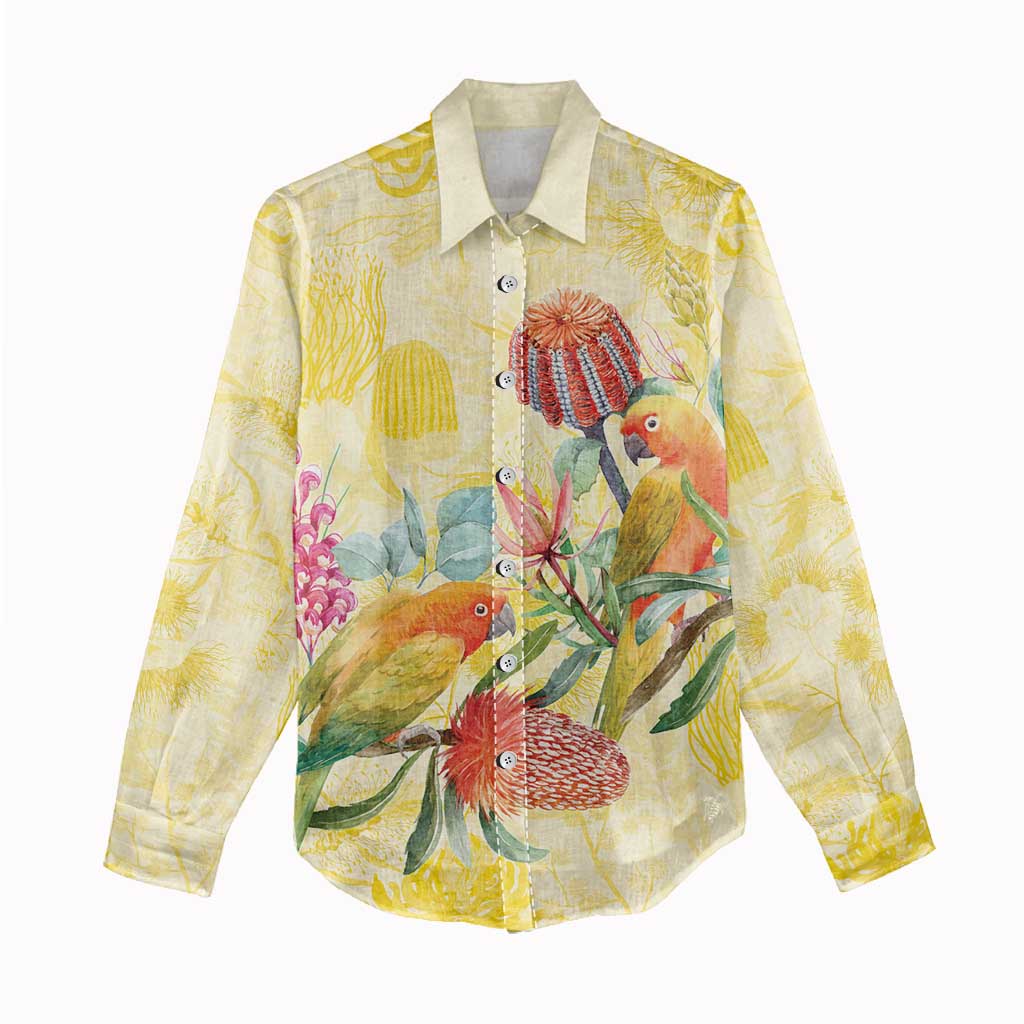Birds and Floral Aussie Lorikeet Women Casual Shirt Pastel Yellow - Aussie Hoodie