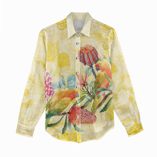 Birds and Floral Aussie Lorikeet Women Casual Shirt Pastel Yellow - Aussie Hoodie