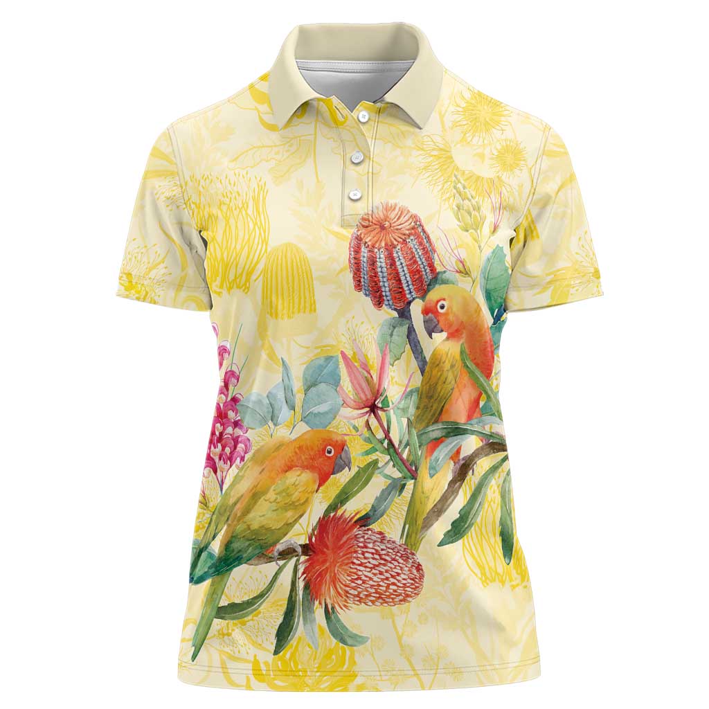 Birds and Floral Aussie Lorikeet Women Polo Shirt Pastel Yellow - Aussie Hoodie