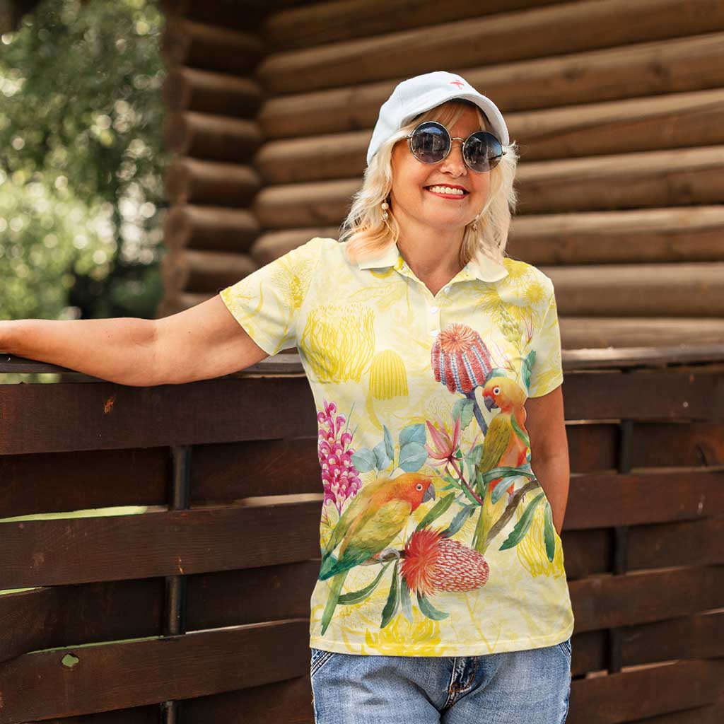 Birds and Floral Aussie Lorikeet Women Polo Shirt Pastel Yellow - Aussie Hoodie