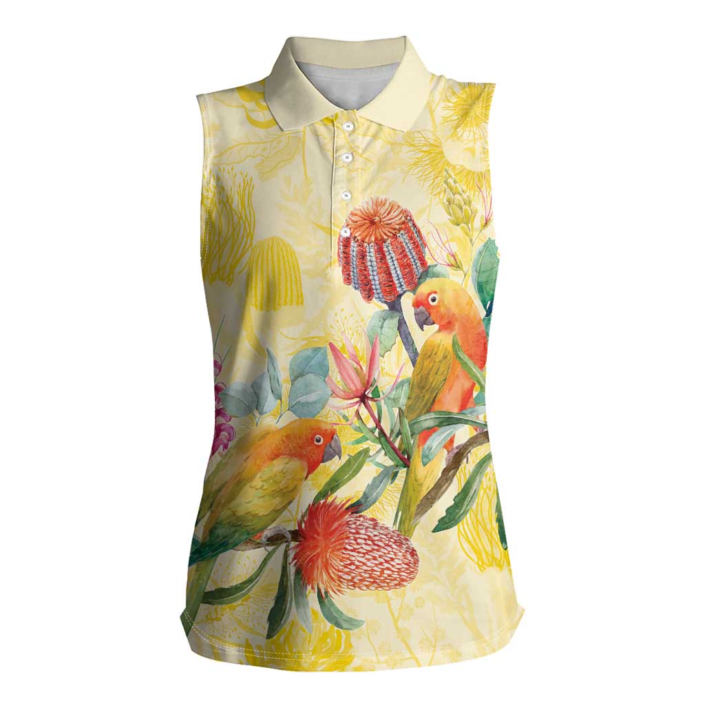 Birds and Floral Aussie Lorikeet Women Sleeveless Polo Shirt Pastel Yellow - Aussie Hoodie
