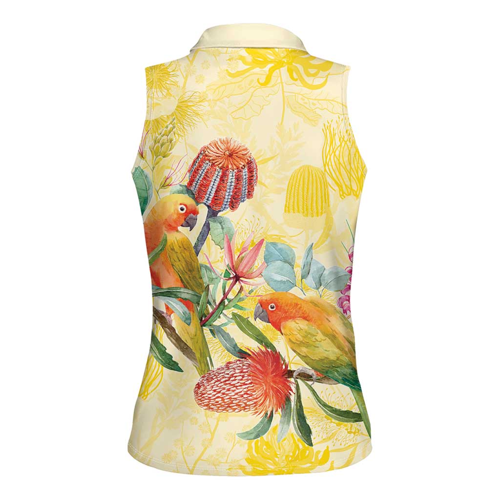Birds and Floral Aussie Lorikeet Women Sleeveless Polo Shirt Pastel Yellow - Aussie Hoodie