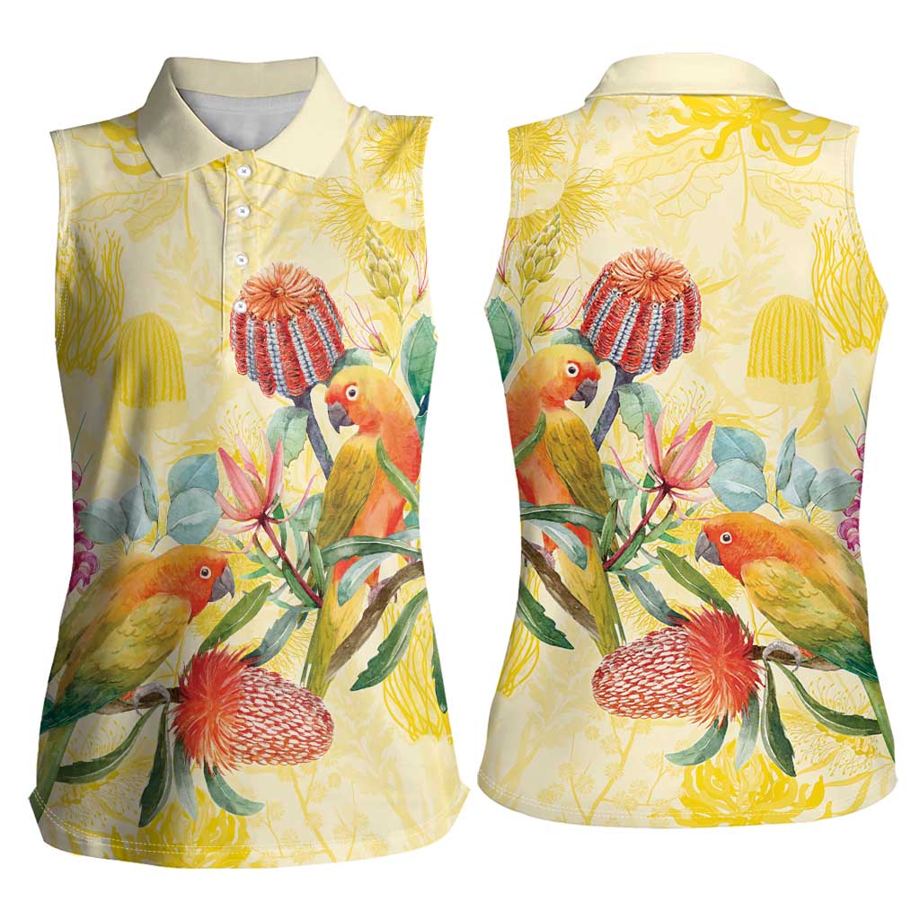 Birds and Floral Aussie Lorikeet Women Sleeveless Polo Shirt Pastel Yellow - Aussie Hoodie