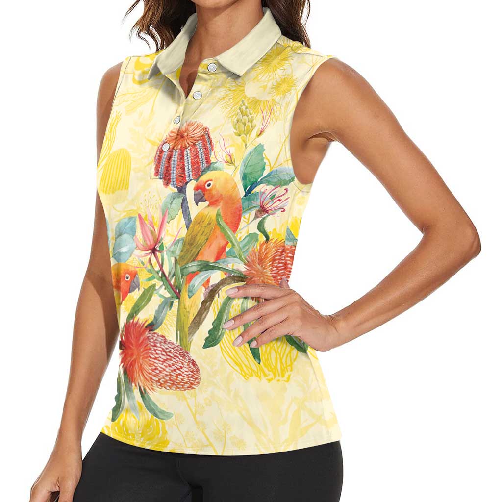 Birds and Floral Aussie Lorikeet Women Sleeveless Polo Shirt Pastel Yellow - Aussie Hoodie