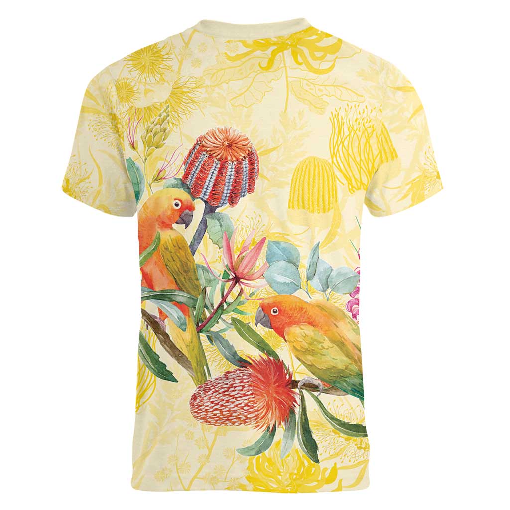 Birds and Floral Aussie Lorikeet Women V-Neck T-Shirt Pastel Yellow - Aussie Hoodie