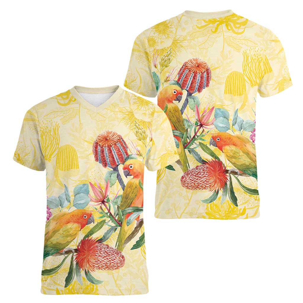 Birds and Floral Aussie Lorikeet Women V-Neck T-Shirt Pastel Yellow - Aussie Hoodie