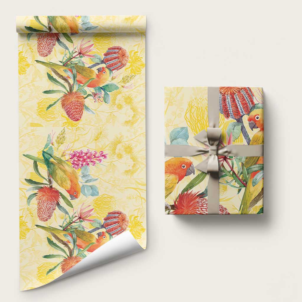 Birds and Floral Aussie Lorikeet Wrapping Paper Pastel Yellow