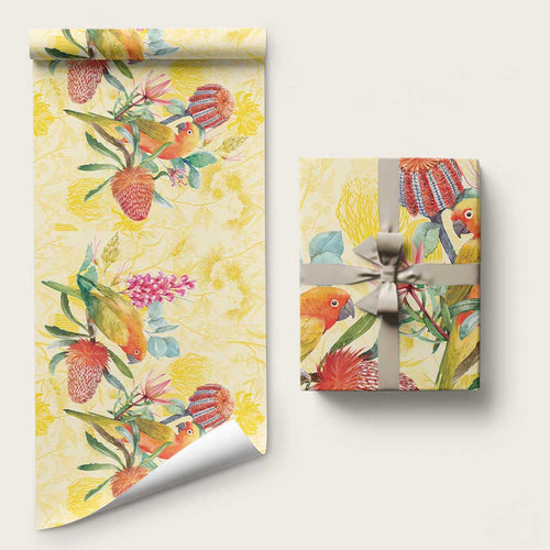 Birds and Floral Aussie Lorikeet Wrapping Paper Pastel Yellow