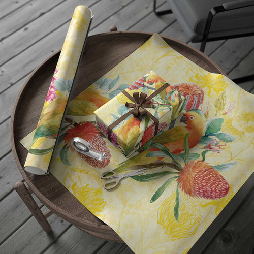 Birds and Floral Aussie Lorikeet Wrapping Paper Pastel Yellow