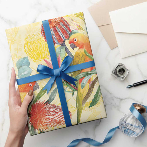 Birds and Floral Aussie Lorikeet Wrapping Paper Pastel Yellow