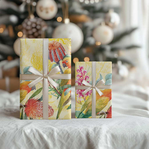 Birds and Floral Aussie Lorikeet Wrapping Paper Pastel Yellow