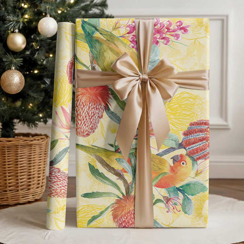 Birds and Floral Aussie Lorikeet Wrapping Paper Pastel Yellow
