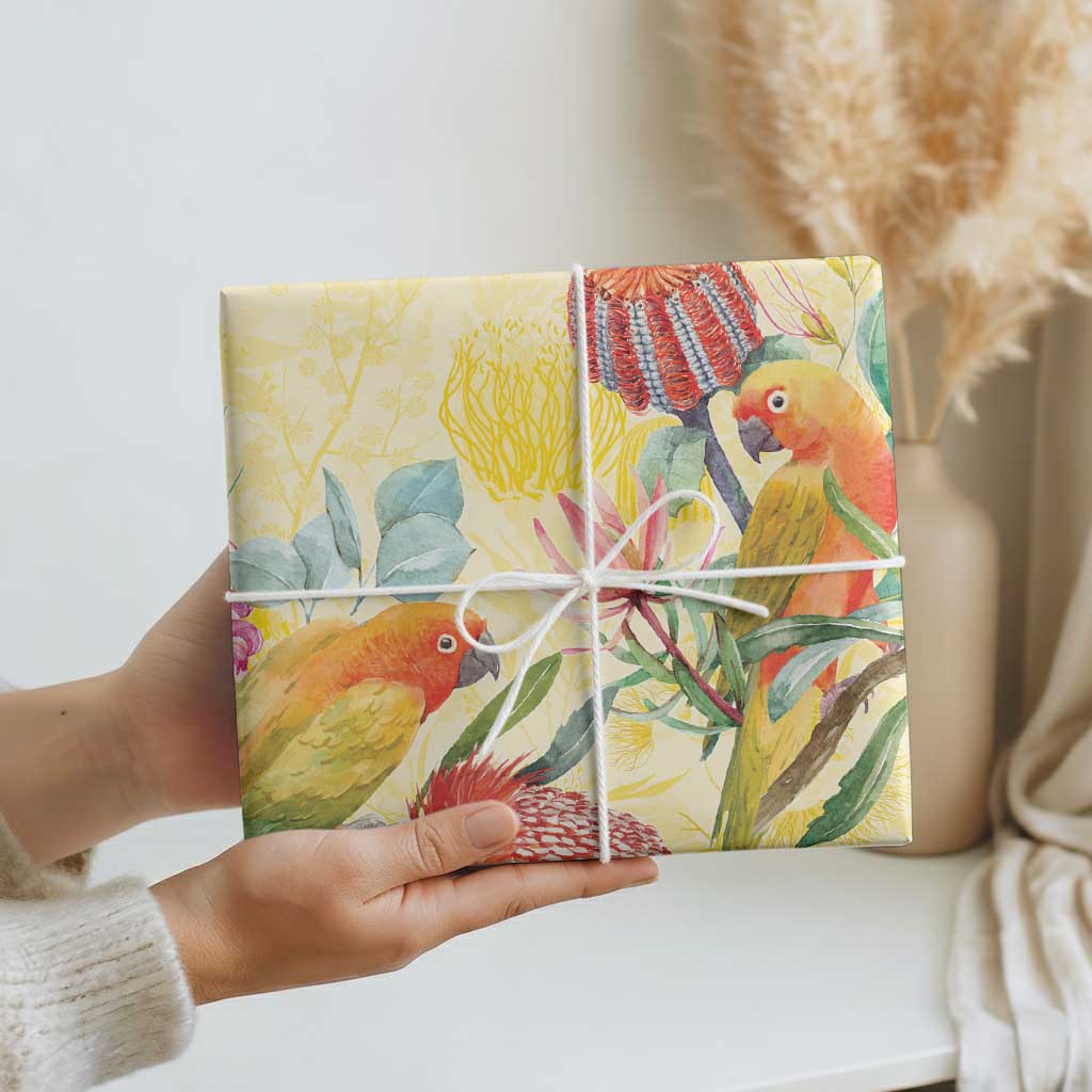 Birds and Floral Aussie Lorikeet Wrapping Paper Pastel Yellow