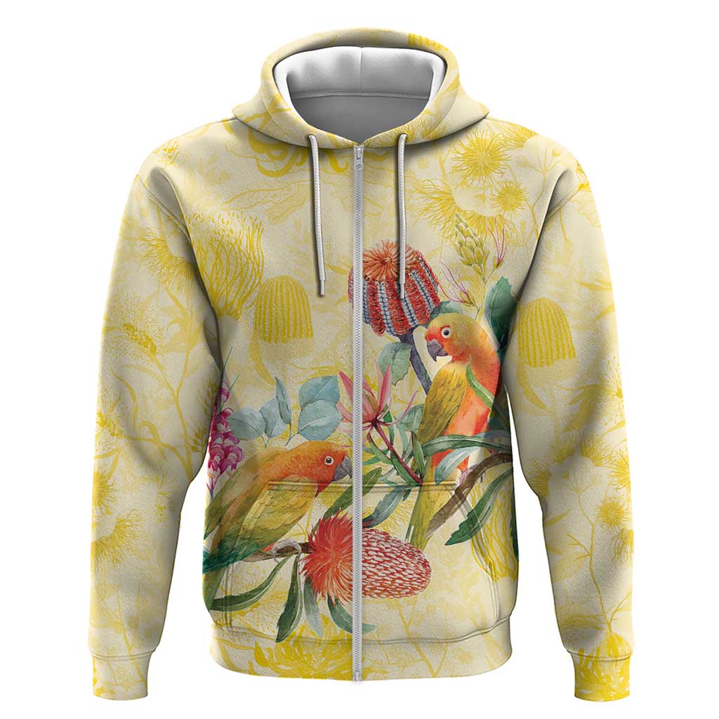 Birds and Floral Aussie Lorikeet Zip Hoodie Pastel Yellow - Aussie Hoodie