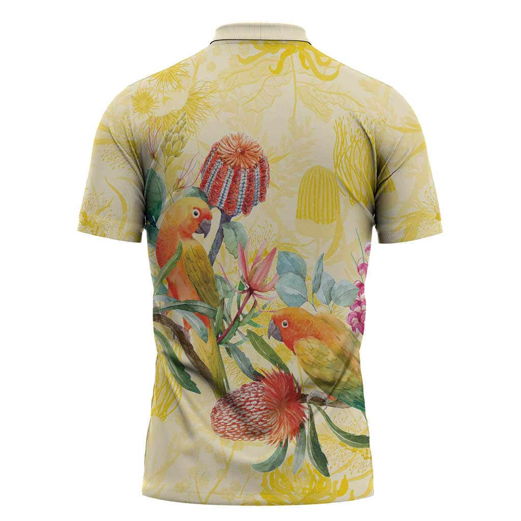 Birds and Floral Aussie Lorikeet Zipper Polo Shirt Pastel Yellow - Aussie Hoodie
