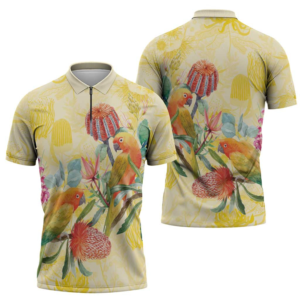 Birds and Floral Aussie Lorikeet Zipper Polo Shirt Pastel Yellow - Aussie Hoodie