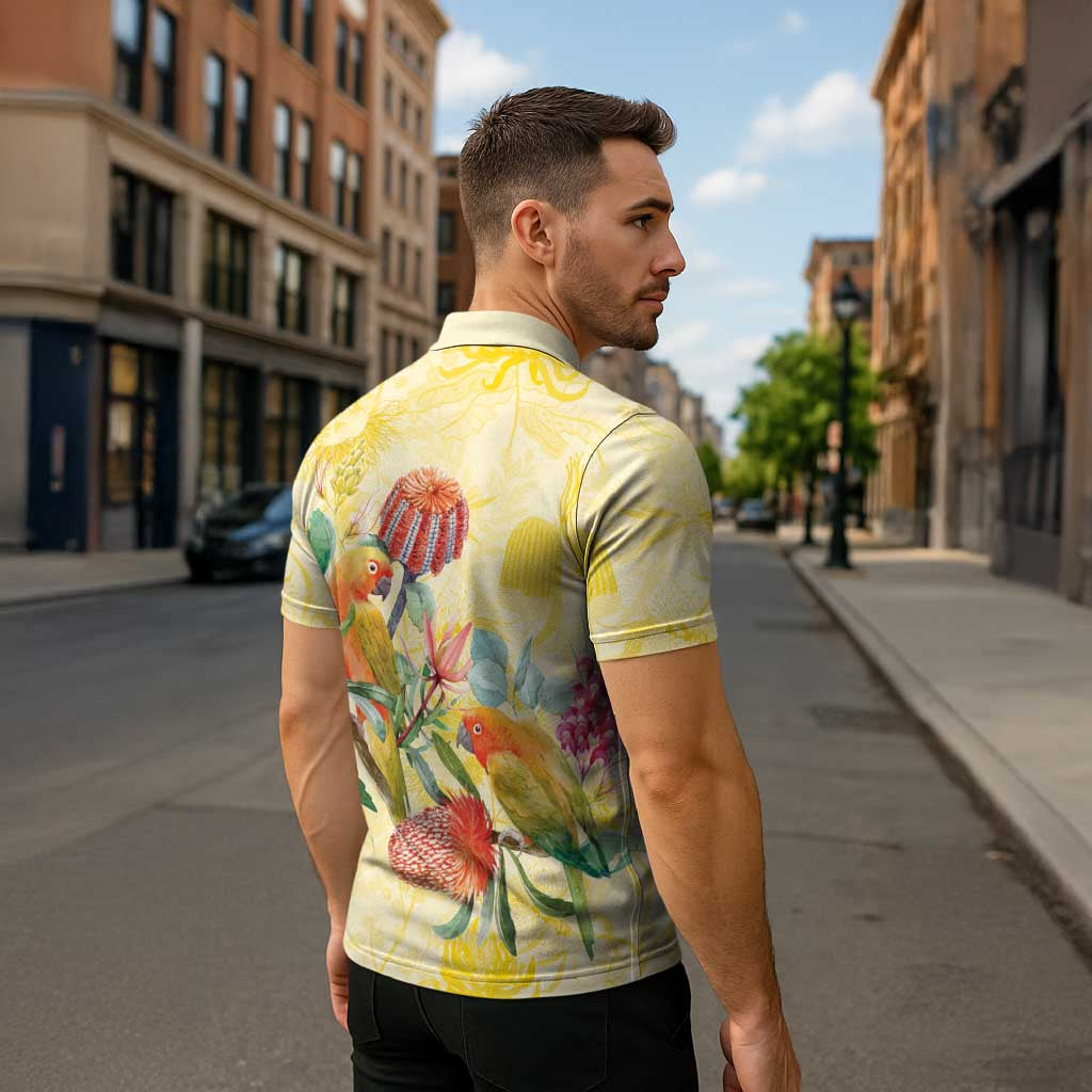 Birds and Floral Aussie Lorikeet Zipper Polo Shirt Pastel Yellow - Aussie Hoodie