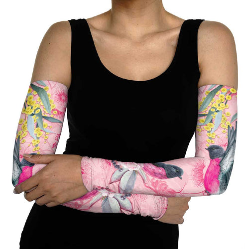 Birds and Floral Aussie Pink Robins Arm Sleeves Rosy Glow - Aussie Hoodie