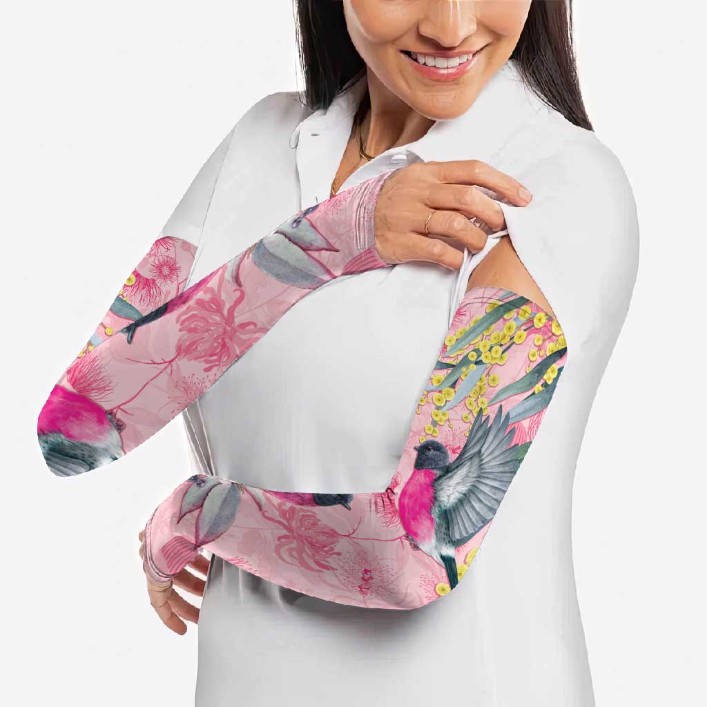 Birds and Floral Aussie Pink Robins Arm Sleeves Rosy Glow - Aussie Hoodie