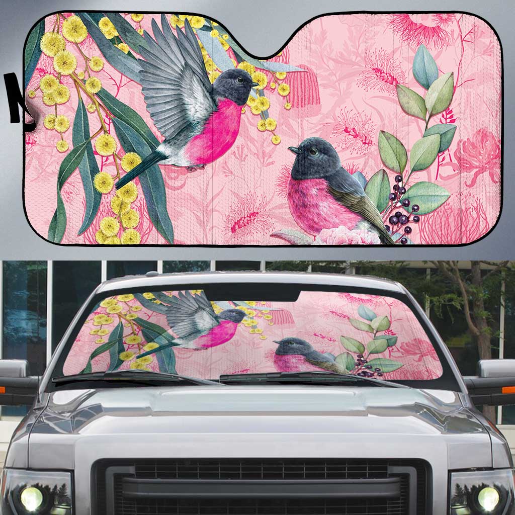 Birds and Floral Aussie Pink Robins Auto Sun Shade Rosy Glow - Aussie Hoodie