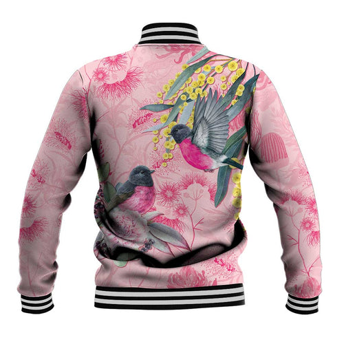 Birds and Floral Aussie Pink Robins Baseball Jacket Rosy Glow - Aussie Hoodie